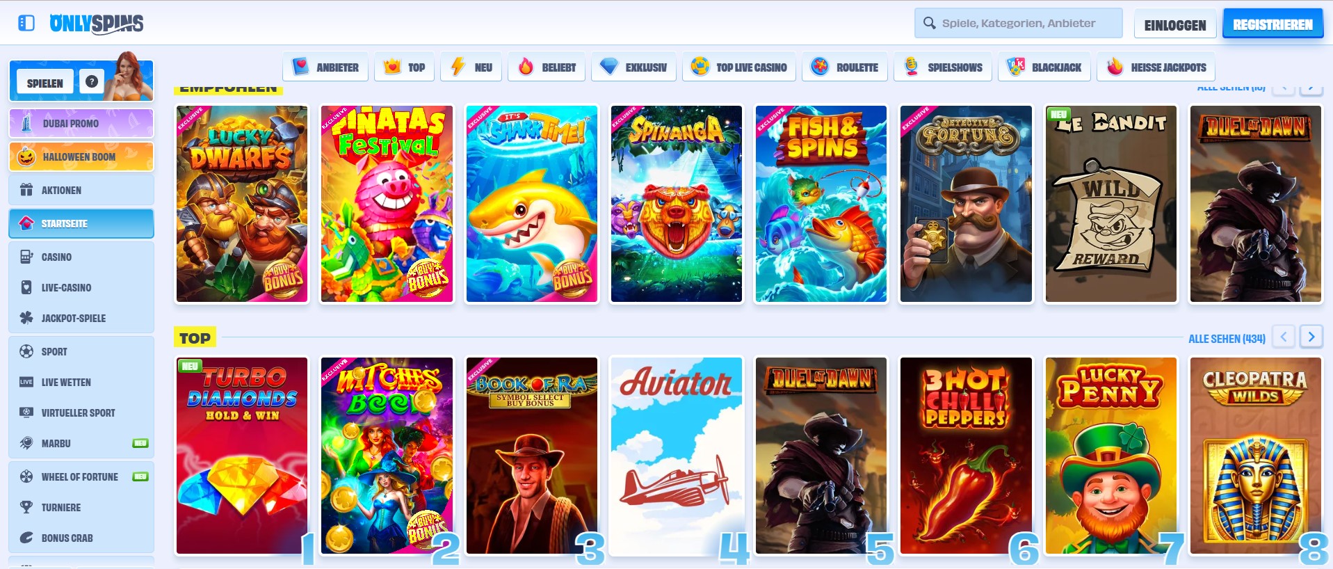 Startseite der Onlineslot-Plattform ONLINESLOTS mit Kachel-Layout, Spielkategorien (TOP, NEU, BELIEBT), Suchfilter, Provider-Auswahl, Einloggen- und Registrieren-Buttons sowie bunten Spielmotiven wie Cleopatra, Aviator und Turbo Diamonds.