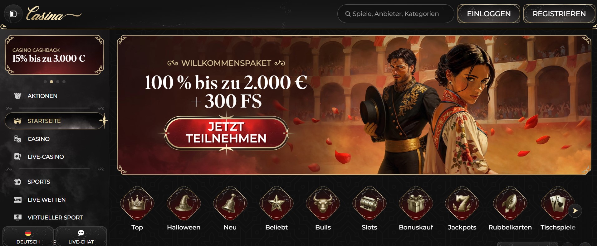 Die Homepage eines deutschsprachigen Online-Casinos bietet einen Willkommensbonus von 2.000 € und 300 Freispiele. Ein Werbebanner im spanischen Stil, ein Cashback-Angebot und ein Navigationsmenü für Spielautomaten, Live-Casino und Tischspiele runden das Angebot ab.